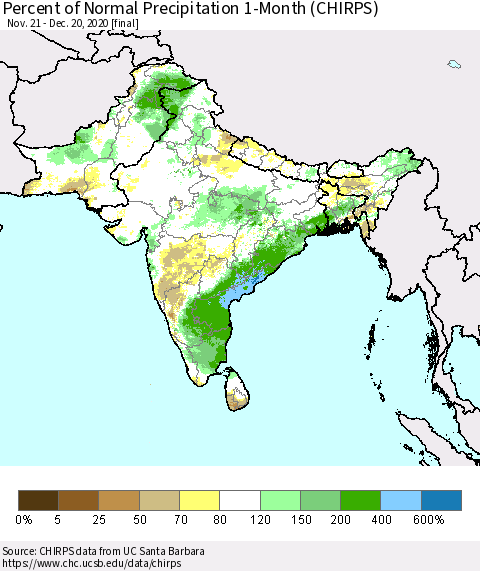 Southern Asia Percent of Normal Precipitation 1-Month (CHIRPS) Thematic Map For 11/21/2020 - 12/20/2020