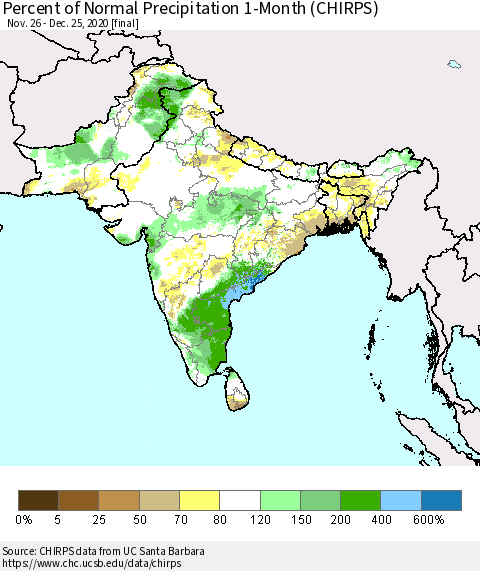 Southern Asia Percent of Normal Precipitation 1-Month (CHIRPS) Thematic Map For 11/26/2020 - 12/25/2020