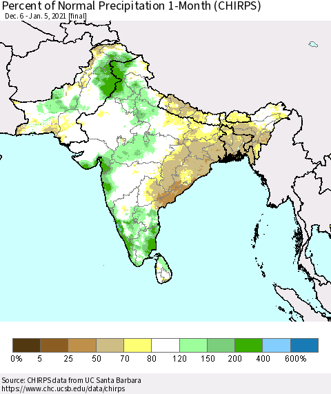 Southern Asia Percent of Normal Precipitation 1-Month (CHIRPS) Thematic Map For 12/6/2020 - 1/5/2021