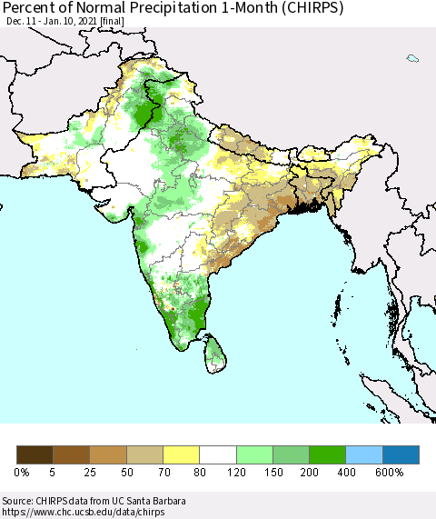 Southern Asia Percent of Normal Precipitation 1-Month (CHIRPS) Thematic Map For 12/11/2020 - 1/10/2021