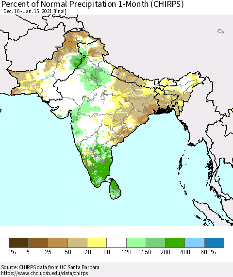 Southern Asia Percent of Normal Precipitation 1-Month (CHIRPS) Thematic Map For 12/16/2020 - 1/15/2021