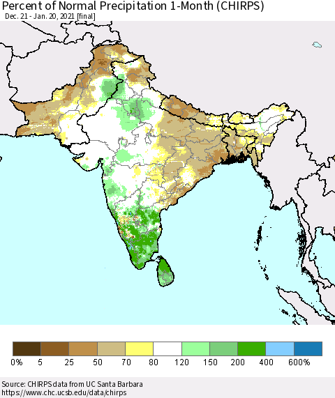 Southern Asia Percent of Normal Precipitation 1-Month (CHIRPS) Thematic Map For 12/21/2020 - 1/20/2021