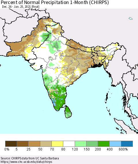 Southern Asia Percent of Normal Precipitation 1-Month (CHIRPS) Thematic Map For 12/26/2020 - 1/25/2021