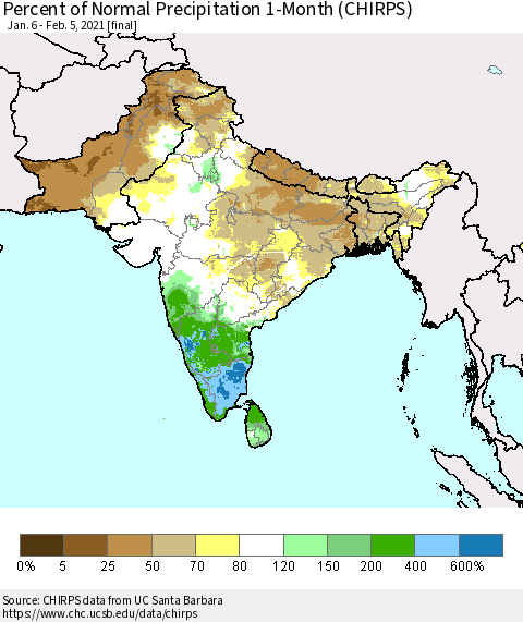 Southern Asia Percent of Normal Precipitation 1-Month (CHIRPS) Thematic Map For 1/6/2021 - 2/5/2021