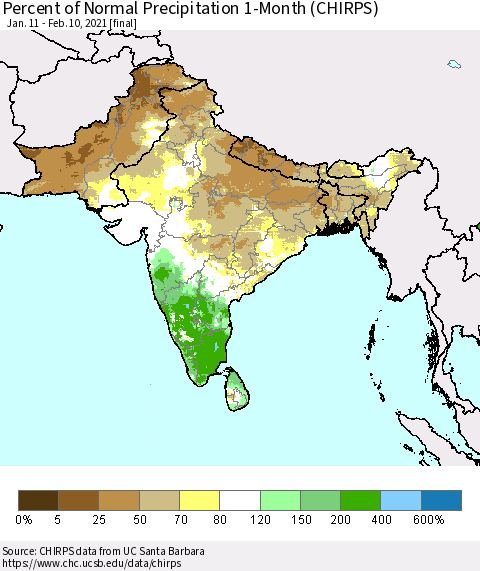 Southern Asia Percent of Normal Precipitation 1-Month (CHIRPS) Thematic Map For 1/11/2021 - 2/10/2021