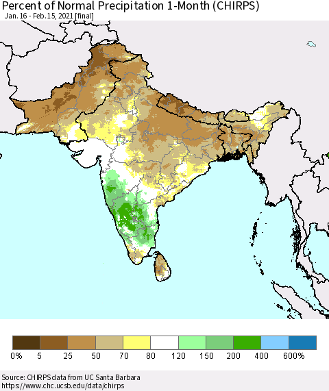 Southern Asia Percent of Normal Precipitation 1-Month (CHIRPS) Thematic Map For 1/16/2021 - 2/15/2021