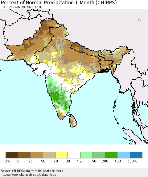 Southern Asia Percent of Normal Precipitation 1-Month (CHIRPS) Thematic Map For 1/21/2021 - 2/20/2021