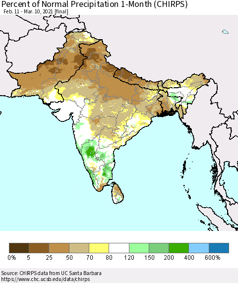 Southern Asia Percent of Normal Precipitation 1-Month (CHIRPS) Thematic Map For 2/11/2021 - 3/10/2021