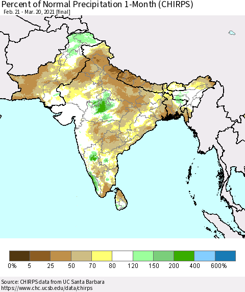 Southern Asia Percent of Normal Precipitation 1-Month (CHIRPS) Thematic Map For 2/21/2021 - 3/20/2021