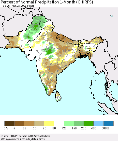 Southern Asia Percent of Normal Precipitation 1-Month (CHIRPS) Thematic Map For 2/26/2021 - 3/25/2021
