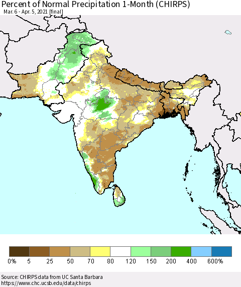 Southern Asia Percent of Normal Precipitation 1-Month (CHIRPS) Thematic Map For 3/6/2021 - 4/5/2021