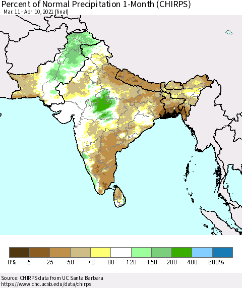 Southern Asia Percent of Normal Precipitation 1-Month (CHIRPS) Thematic Map For 3/11/2021 - 4/10/2021