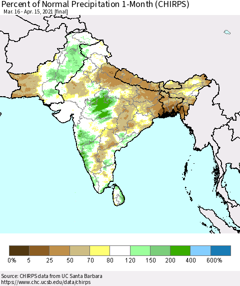 Southern Asia Percent of Normal Precipitation 1-Month (CHIRPS) Thematic Map For 3/16/2021 - 4/15/2021