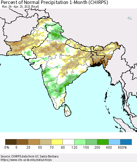 Southern Asia Percent of Normal Precipitation 1-Month (CHIRPS) Thematic Map For 3/26/2021 - 4/25/2021