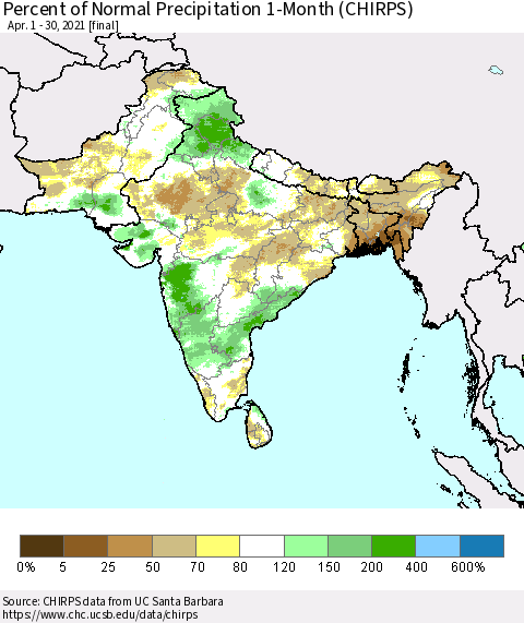 Southern Asia Percent of Normal Precipitation 1-Month (CHIRPS) Thematic Map For 4/1/2021 - 4/30/2021
