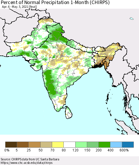 Southern Asia Percent of Normal Precipitation 1-Month (CHIRPS) Thematic Map For 4/6/2021 - 5/5/2021