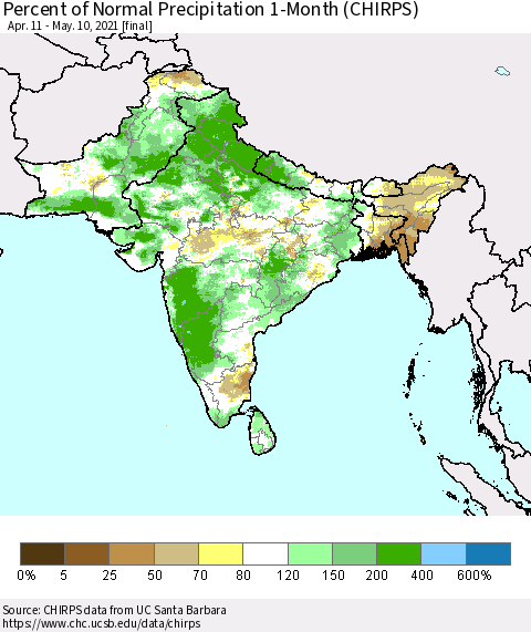 Southern Asia Percent of Normal Precipitation 1-Month (CHIRPS) Thematic Map For 4/11/2021 - 5/10/2021