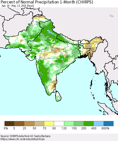 Southern Asia Percent of Normal Precipitation 1-Month (CHIRPS) Thematic Map For 4/16/2021 - 5/15/2021