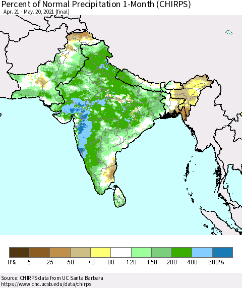 Southern Asia Percent of Normal Precipitation 1-Month (CHIRPS) Thematic Map For 4/21/2021 - 5/20/2021
