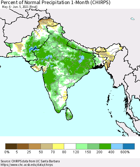 Southern Asia Percent of Normal Precipitation 1-Month (CHIRPS) Thematic Map For 5/6/2021 - 6/5/2021