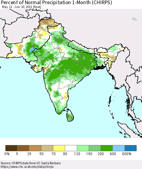 Southern Asia Percent of Normal Precipitation 1-Month (CHIRPS) Thematic Map For 5/11/2021 - 6/10/2021