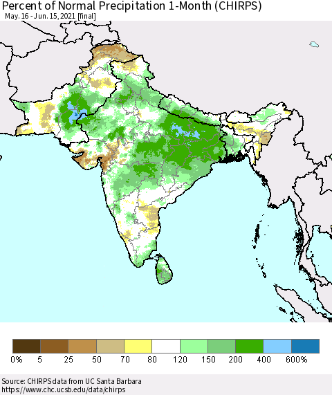 Southern Asia Percent of Normal Precipitation 1-Month (CHIRPS) Thematic Map For 5/16/2021 - 6/15/2021
