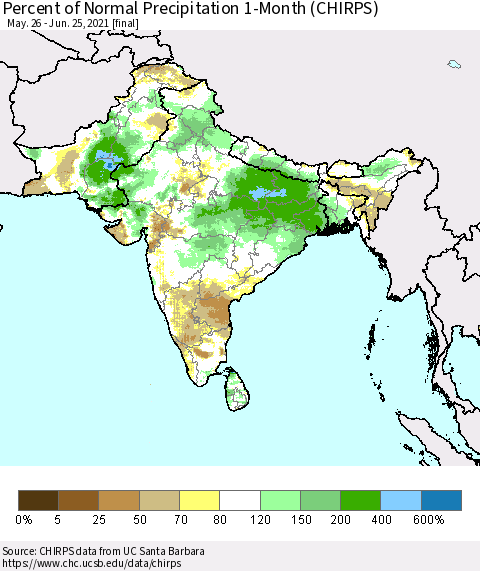 Southern Asia Percent of Normal Precipitation 1-Month (CHIRPS) Thematic Map For 5/26/2021 - 6/25/2021