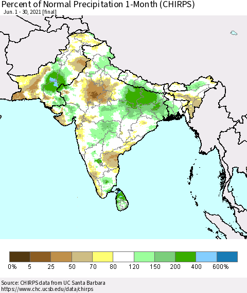 Southern Asia Percent of Normal Precipitation 1-Month (CHIRPS) Thematic Map For 6/1/2021 - 6/30/2021