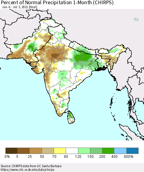 Southern Asia Percent of Normal Precipitation 1-Month (CHIRPS) Thematic Map For 6/6/2021 - 7/5/2021