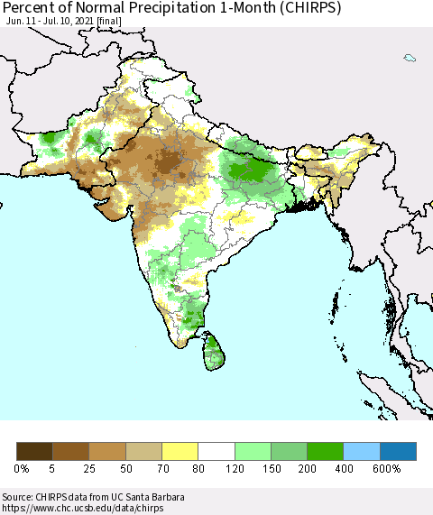Southern Asia Percent of Normal Precipitation 1-Month (CHIRPS) Thematic Map For 6/11/2021 - 7/10/2021