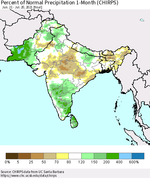 Southern Asia Percent of Normal Precipitation 1-Month (CHIRPS) Thematic Map For 6/21/2021 - 7/20/2021