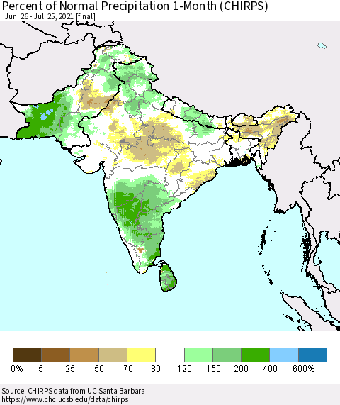 Southern Asia Percent of Normal Precipitation 1-Month (CHIRPS) Thematic Map For 6/26/2021 - 7/25/2021