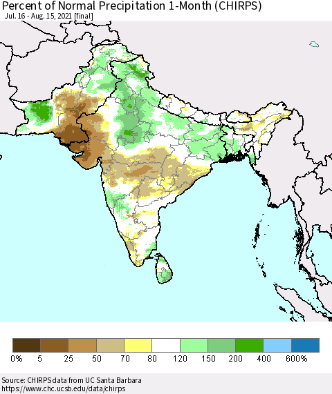 Southern Asia Percent of Normal Precipitation 1-Month (CHIRPS) Thematic Map For 7/16/2021 - 8/15/2021
