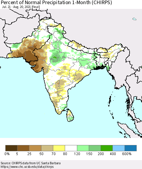 Southern Asia Percent of Normal Precipitation 1-Month (CHIRPS) Thematic Map For 7/21/2021 - 8/20/2021