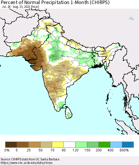 Southern Asia Percent of Normal Precipitation 1-Month (CHIRPS) Thematic Map For 7/26/2021 - 8/25/2021