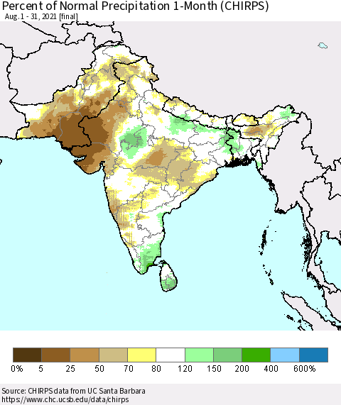 Southern Asia Percent of Normal Precipitation 1-Month (CHIRPS) Thematic Map For 8/1/2021 - 8/31/2021