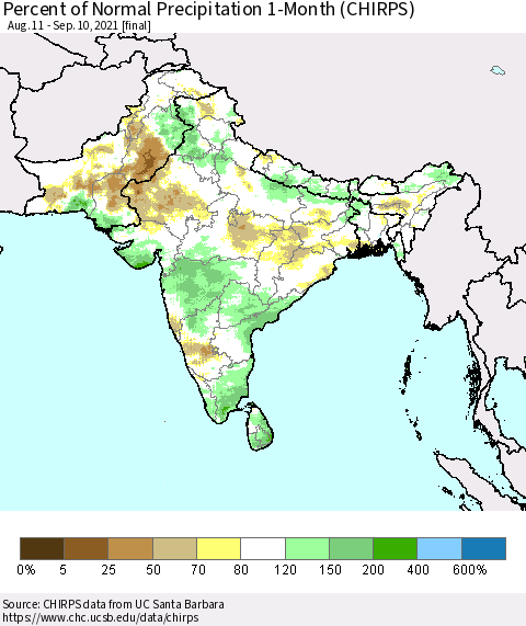 Southern Asia Percent of Normal Precipitation 1-Month (CHIRPS) Thematic Map For 8/11/2021 - 9/10/2021