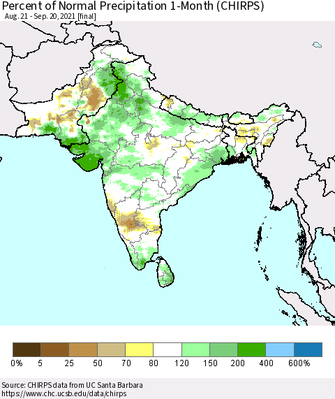 Southern Asia Percent of Normal Precipitation 1-Month (CHIRPS) Thematic Map For 8/21/2021 - 9/20/2021