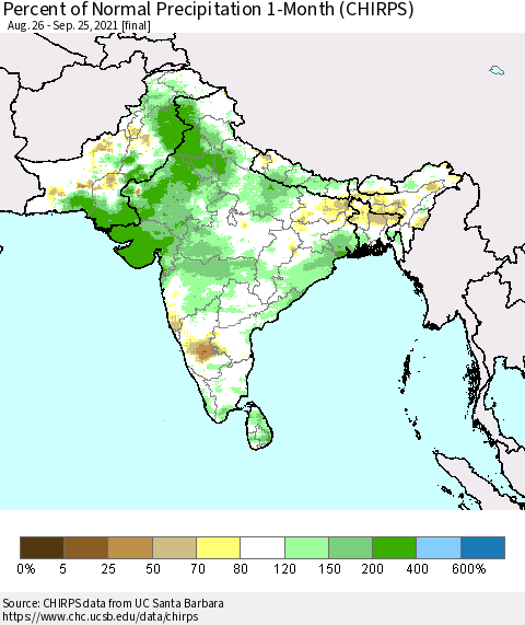Southern Asia Percent of Normal Precipitation 1-Month (CHIRPS) Thematic Map For 8/26/2021 - 9/25/2021