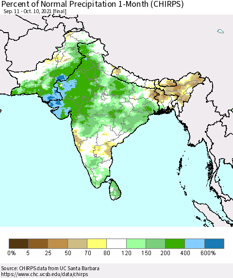 Southern Asia Percent of Normal Precipitation 1-Month (CHIRPS) Thematic Map For 9/11/2021 - 10/10/2021