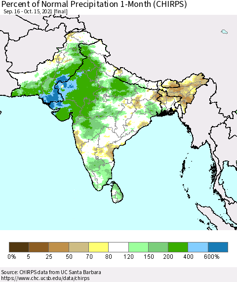 Southern Asia Percent of Normal Precipitation 1-Month (CHIRPS) Thematic Map For 9/16/2021 - 10/15/2021