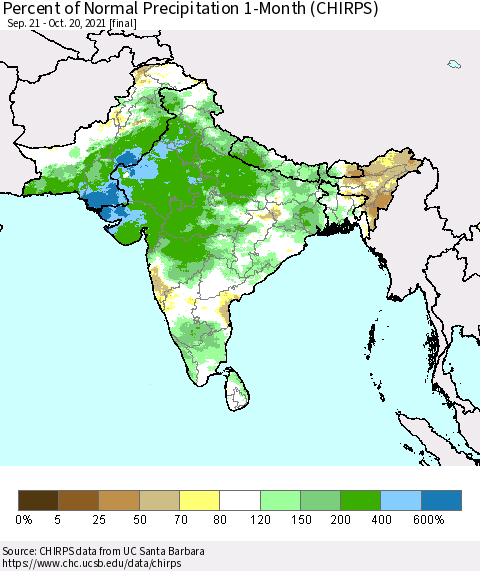 Southern Asia Percent of Normal Precipitation 1-Month (CHIRPS) Thematic Map For 9/21/2021 - 10/20/2021