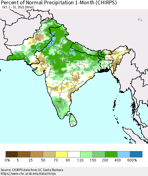 Southern Asia Percent of Normal Precipitation 1-Month (CHIRPS) Thematic Map For 10/1/2021 - 10/31/2021