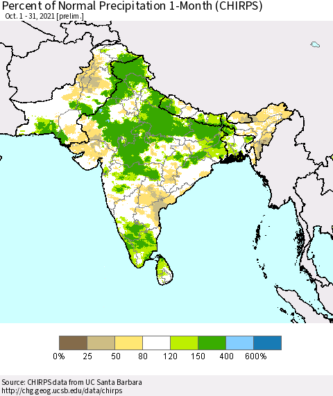 Southern Asia Percent of Normal Precipitation 1-Month (CHIRPS) Thematic Map For 10/1/2021 - 10/31/2021