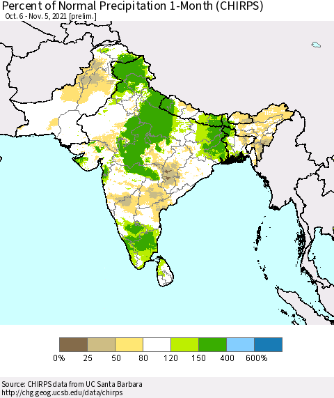 Southern Asia Percent of Normal Precipitation 1-Month (CHIRPS) Thematic Map For 10/6/2021 - 11/5/2021