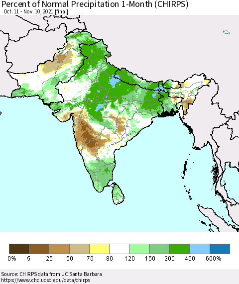 Southern Asia Percent of Normal Precipitation 1-Month (CHIRPS) Thematic Map For 10/11/2021 - 11/10/2021