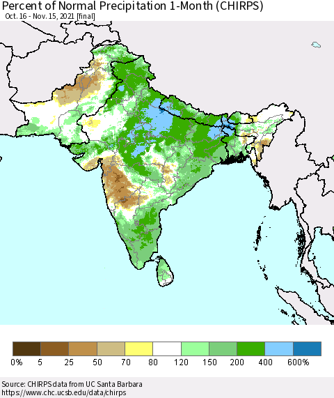 Southern Asia Percent of Normal Precipitation 1-Month (CHIRPS) Thematic Map For 10/16/2021 - 11/15/2021