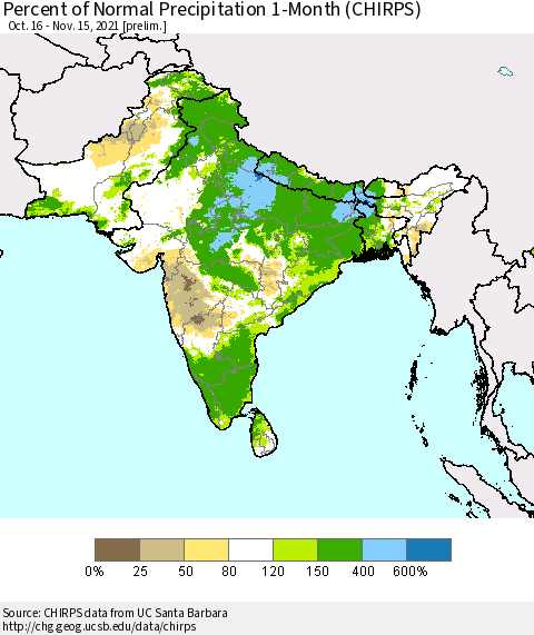 Southern Asia Percent of Normal Precipitation 1-Month (CHIRPS) Thematic Map For 10/16/2021 - 11/15/2021
