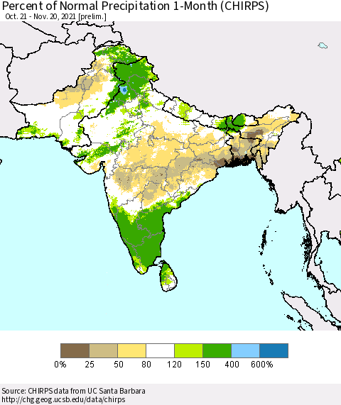 Southern Asia Percent of Normal Precipitation 1-Month (CHIRPS) Thematic Map For 10/21/2021 - 11/20/2021