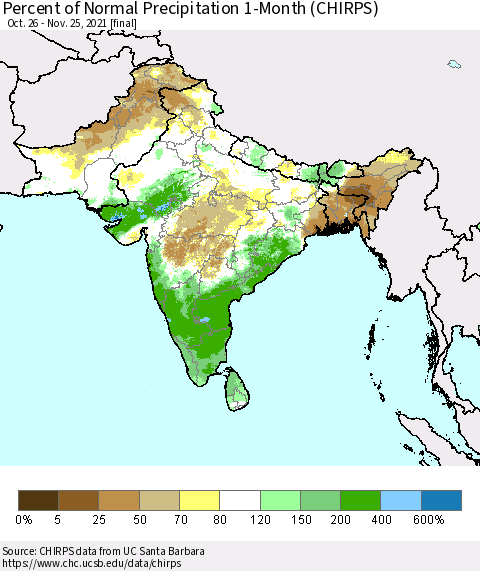 Southern Asia Percent of Normal Precipitation 1-Month (CHIRPS) Thematic Map For 10/26/2021 - 11/25/2021